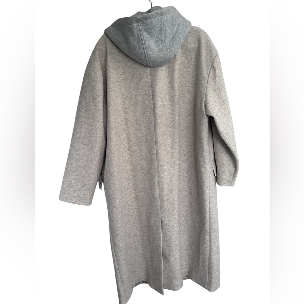 ASOS DESIGN wool look overcoat in tan with grey jersey hood - Picture 2 of 5